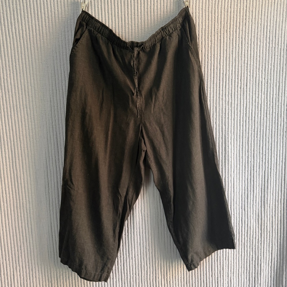 Erika Linen Blend Crop Pants L Casual Beach Wide Leg Black